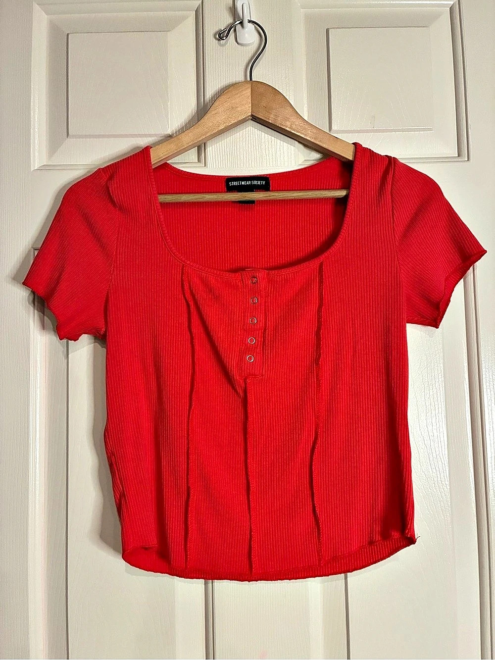 Streetwear Society Red Ribbed Short Sleeve Top Size XL Stretch
